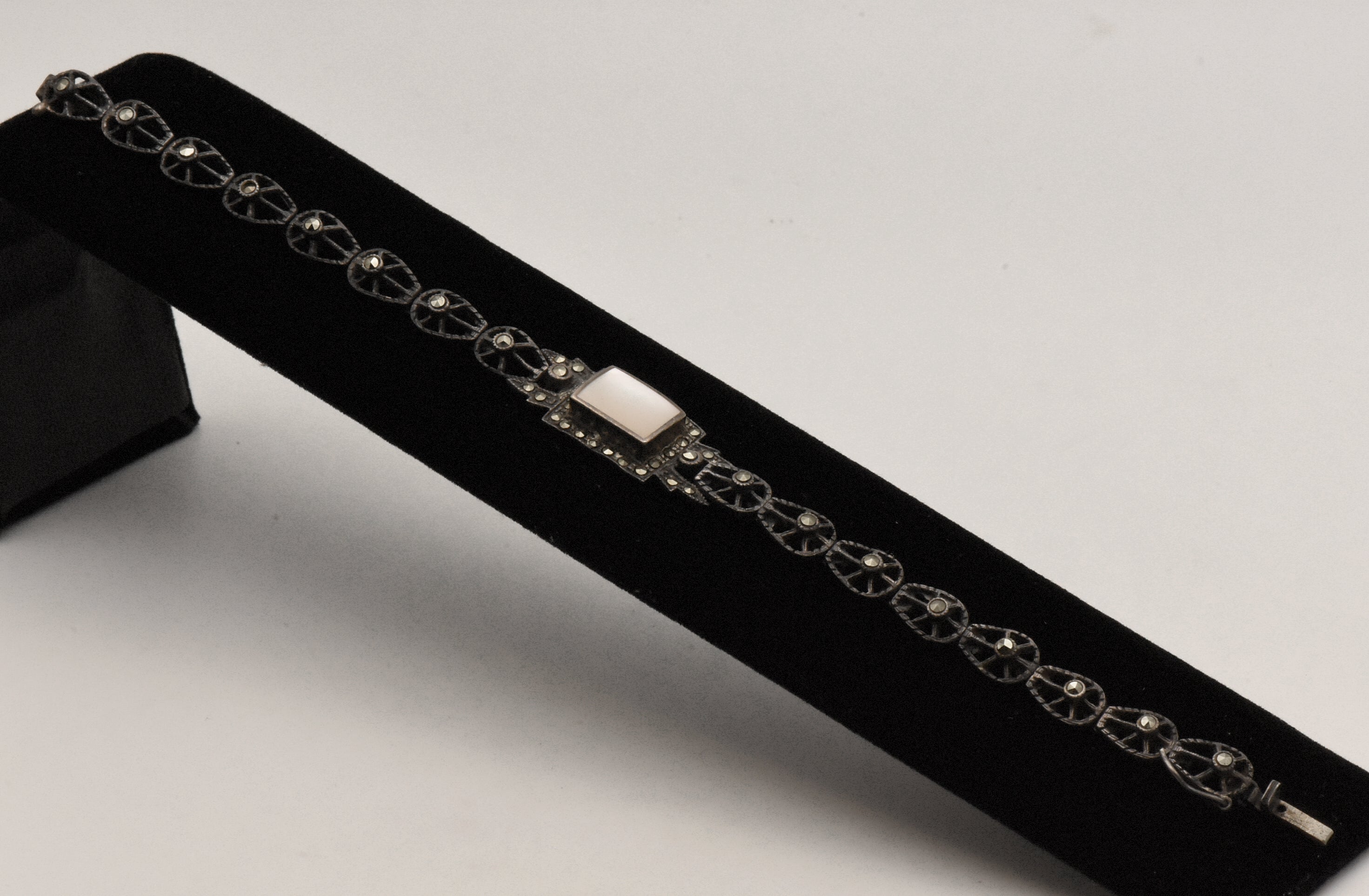 Vintage Sterling Silver Mother of Pearl and Marcasite Bracelet