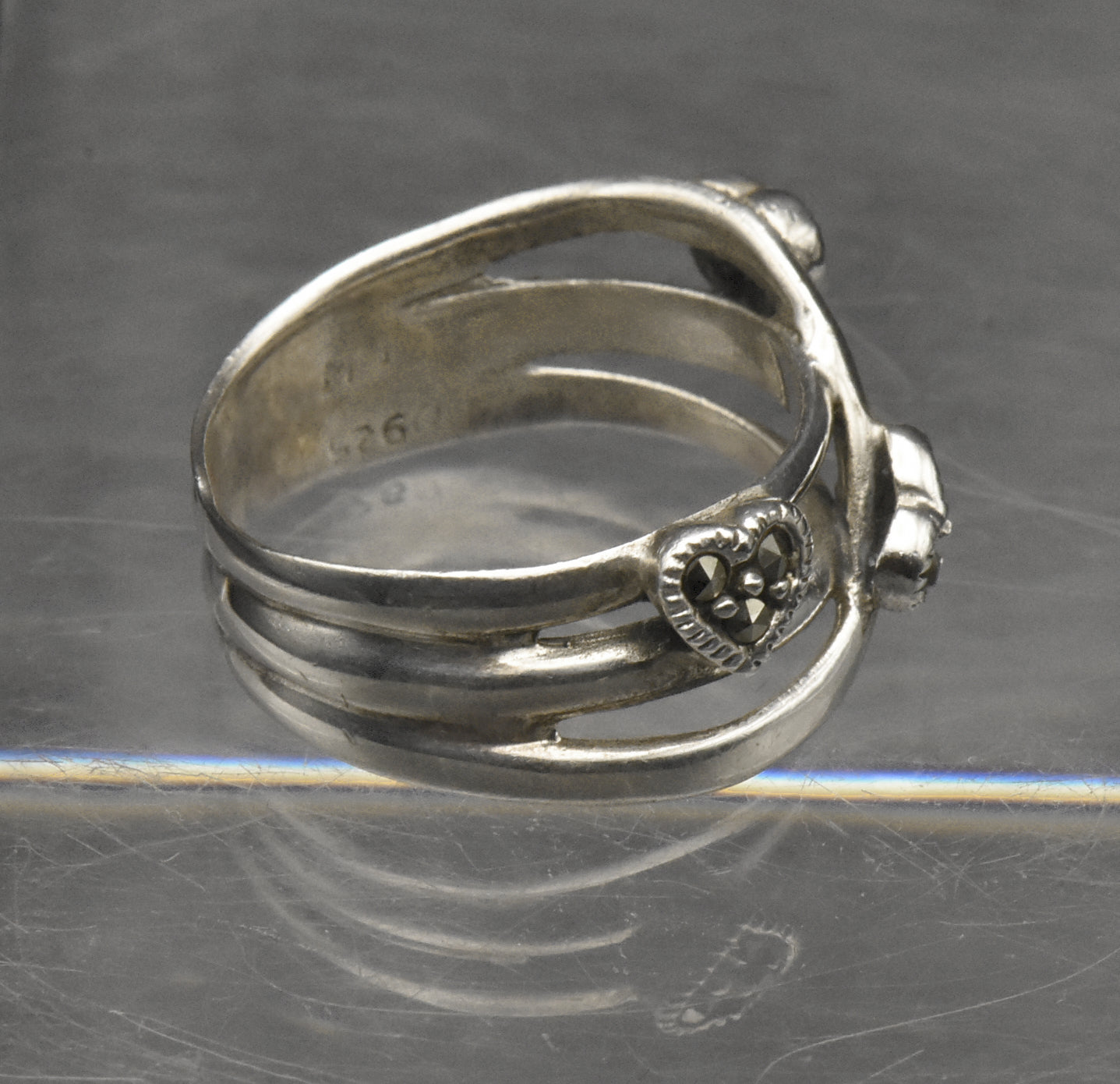 Vintage Sterling Silver and Marcasite Hearts Ring - Size 6
