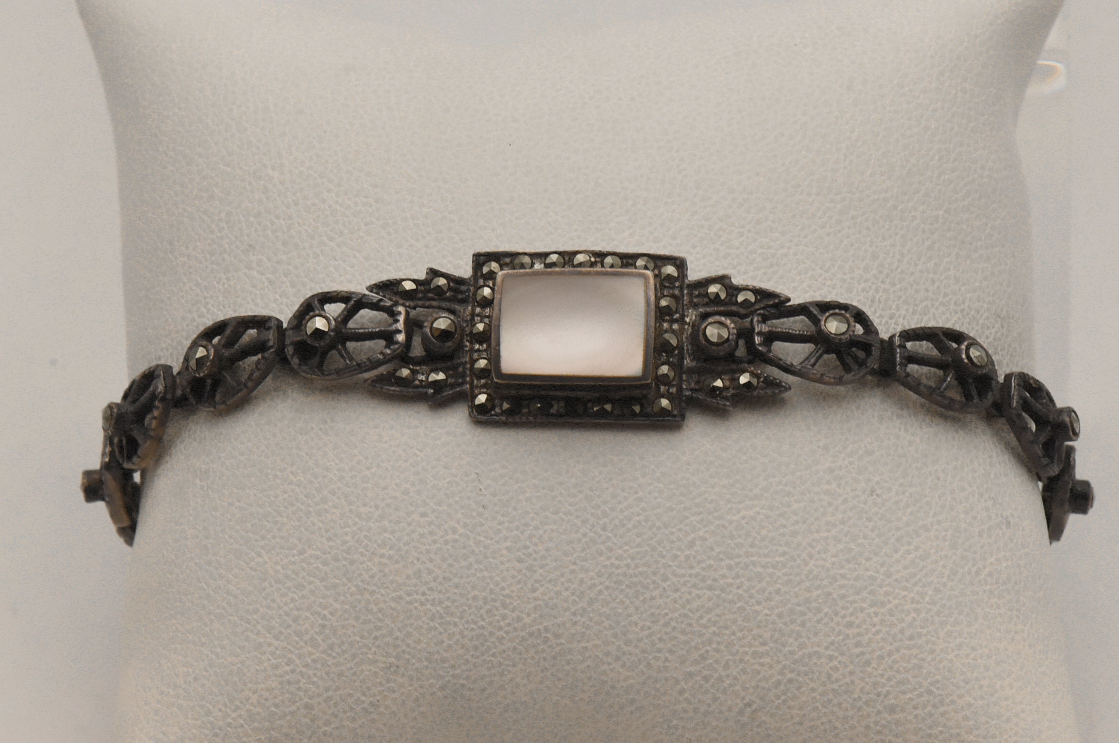 Vintage Sterling Silver Mother of Pearl and Marcasite Bracelet