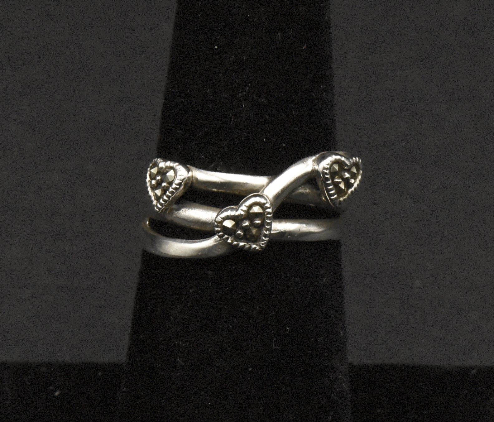 Vintage Sterling Silver and Marcasite Hearts Ring - Size 6