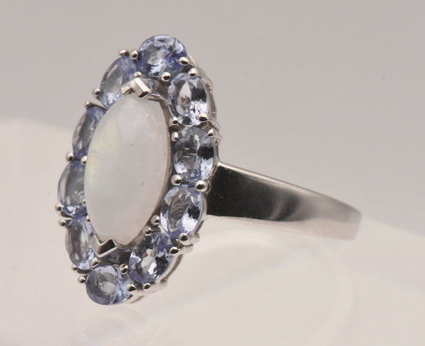 Vintage Sterling Silver Rainbow Moonstone and Tanzanite Ring - Size 8