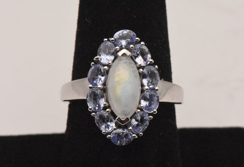 Vintage Sterling Silver Rainbow Moonstone and Tanzanite Ring - Size 8