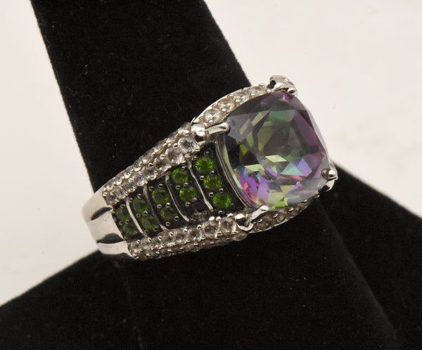 Vintage Sterling Silver Mystic Quartz, Green Tourmaline and Topaz Ring - Size 8.75