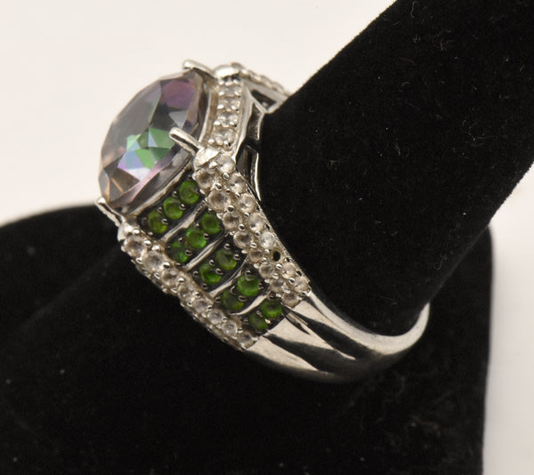 Vintage Sterling Silver Mystic Quartz, Green Tourmaline and Topaz Ring - Size 8.75