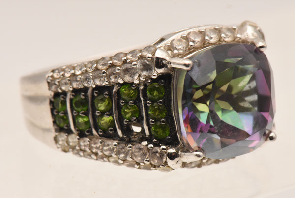 Vintage Sterling Silver Mystic Quartz, Green Tourmaline and Topaz Ring - Size 8.75