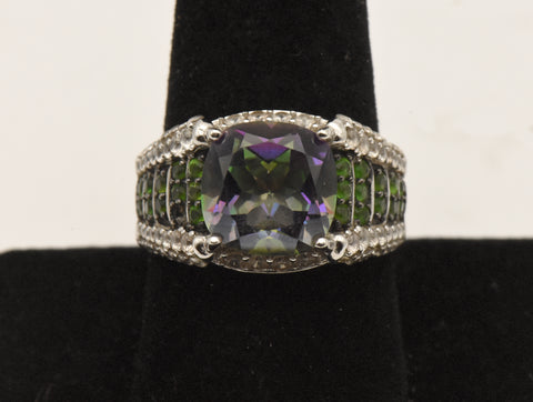 Vintage Sterling Silver Mystic Quartz, Green Tourmaline and Topaz Ring - Size 8.75