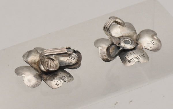 Vintage Sterling Silver Dogwood Flower Handmade Clip On Earrings