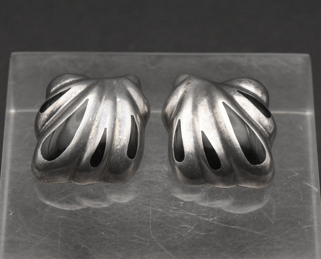 Vintage Handmade 950 Silver Black Onyx Clip On Earrings