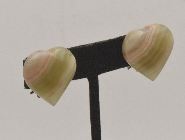 Vintage Carved Green Onyx Heart Clip On Earrings