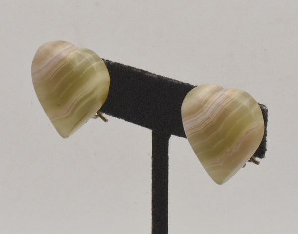 Vintage Carved Green Onyx Heart Clip On Earrings