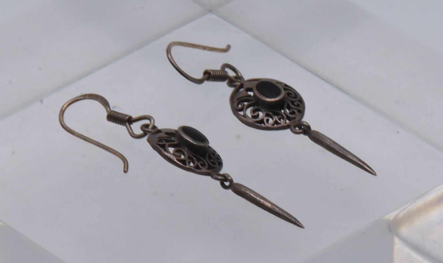 Vintage Sterling Silver Black Onyx Dangle Earrings