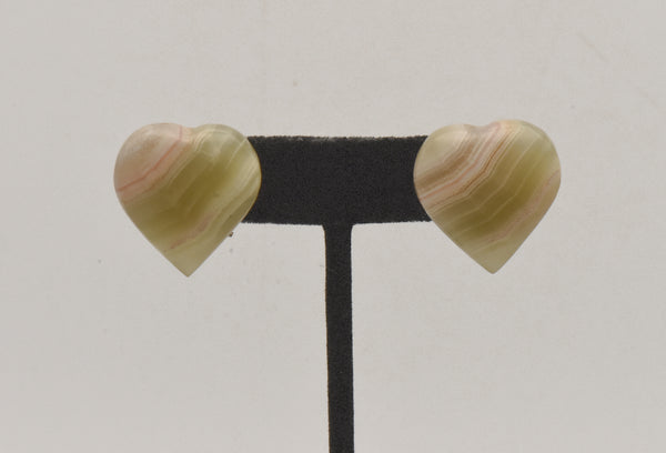 Vintage Carved Green Onyx Heart Clip On Earrings