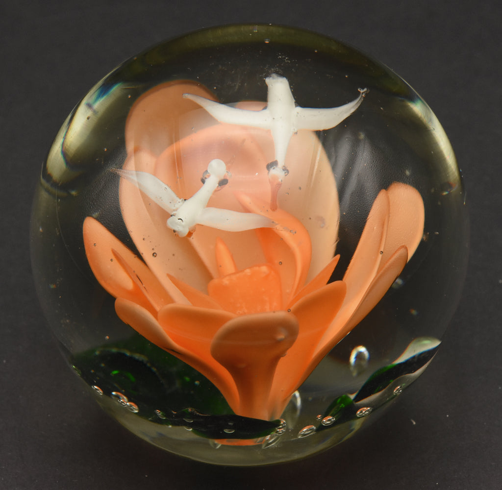 Vintage Orange Flower with Flying Birds Encased Glass Paperweight