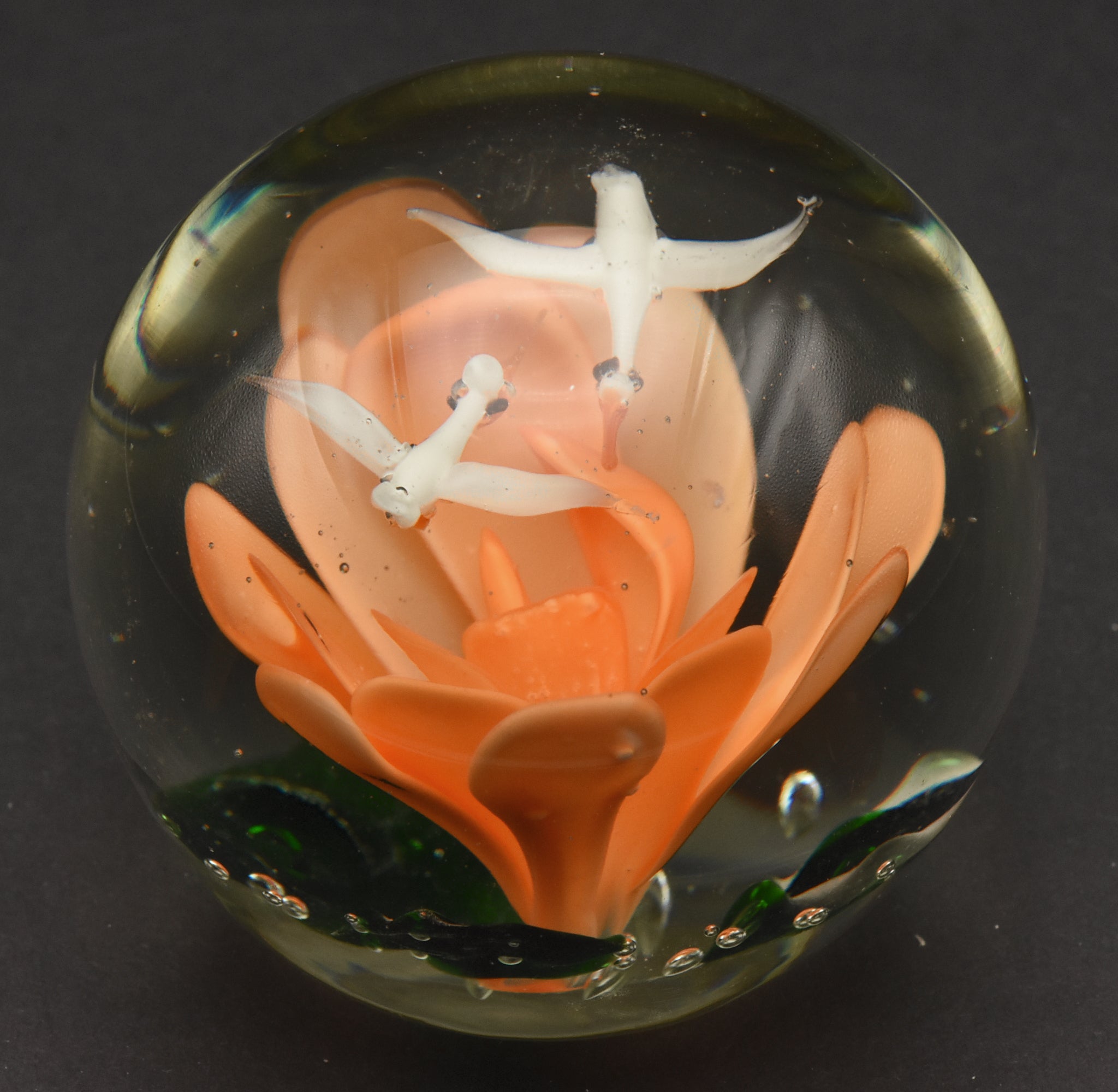 Vintage Orange Flower with Flying Birds Encased Glass Paperweight