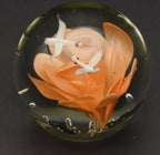 Vintage Orange Flower with Flying Birds Encased Glass Paperweight