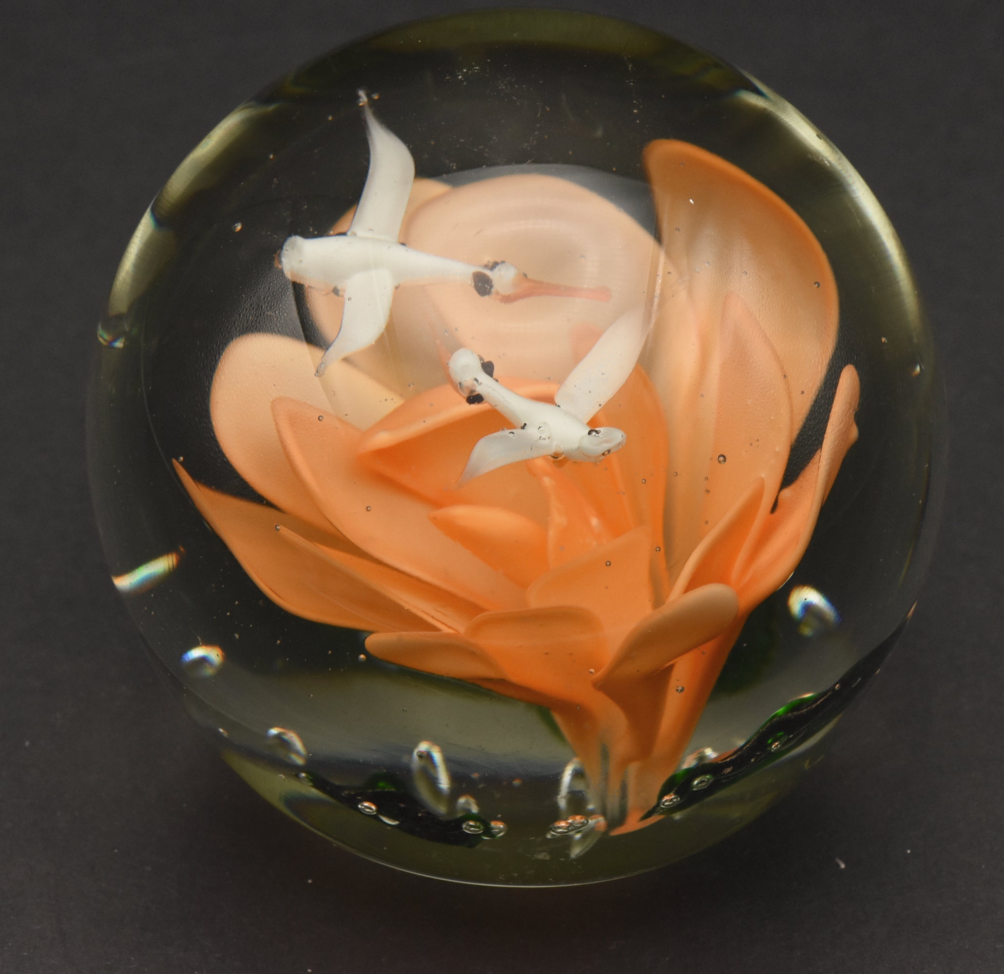 Vintage Orange Flower with Flying Birds Encased Glass Paperweight