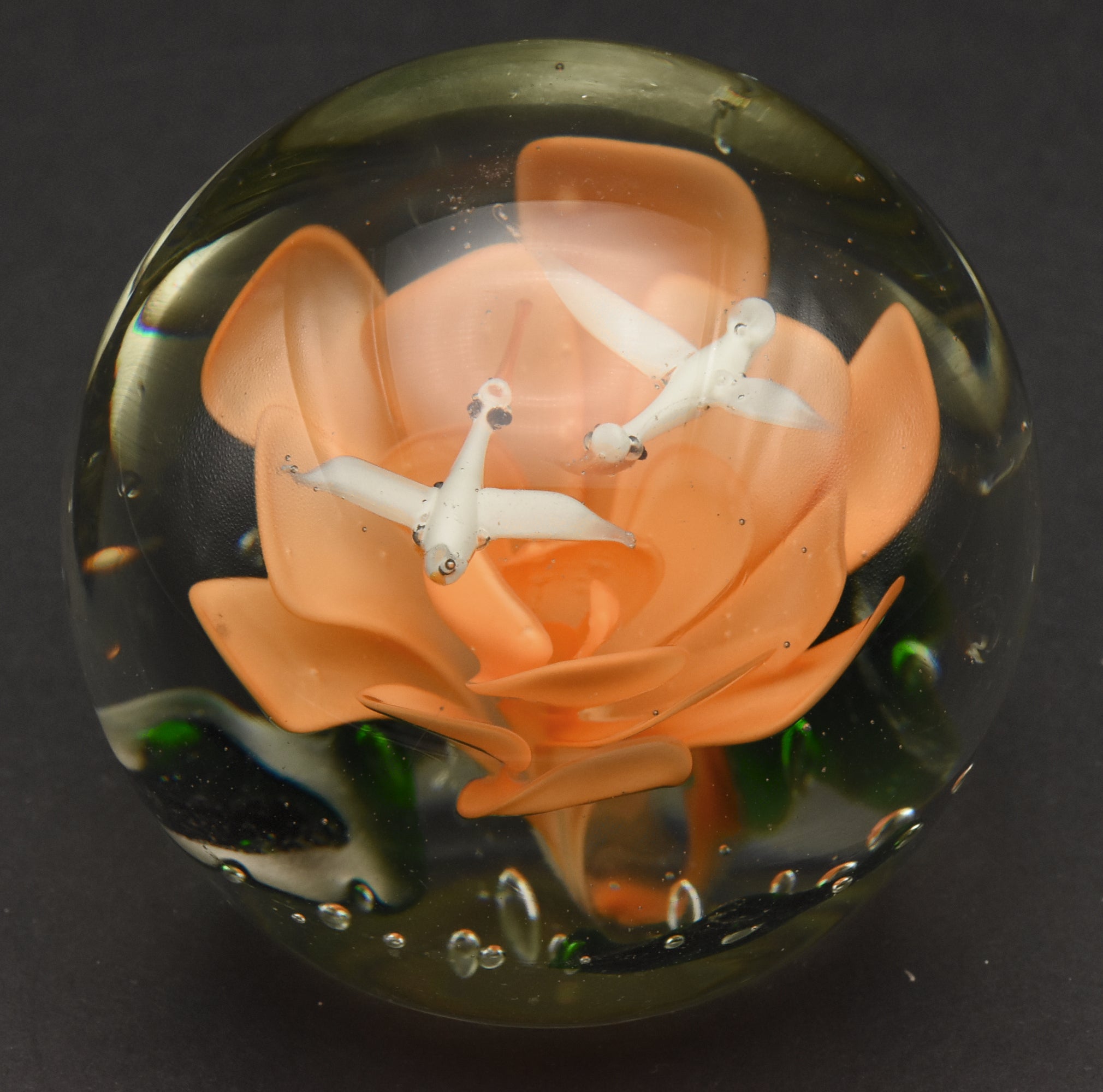 Vintage Orange Flower with Flying Birds Encased Glass Paperweight