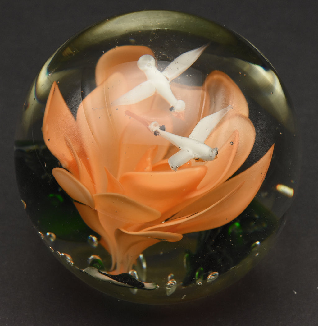Vintage Orange Flower with Flying Birds Encased Glass Paperweight