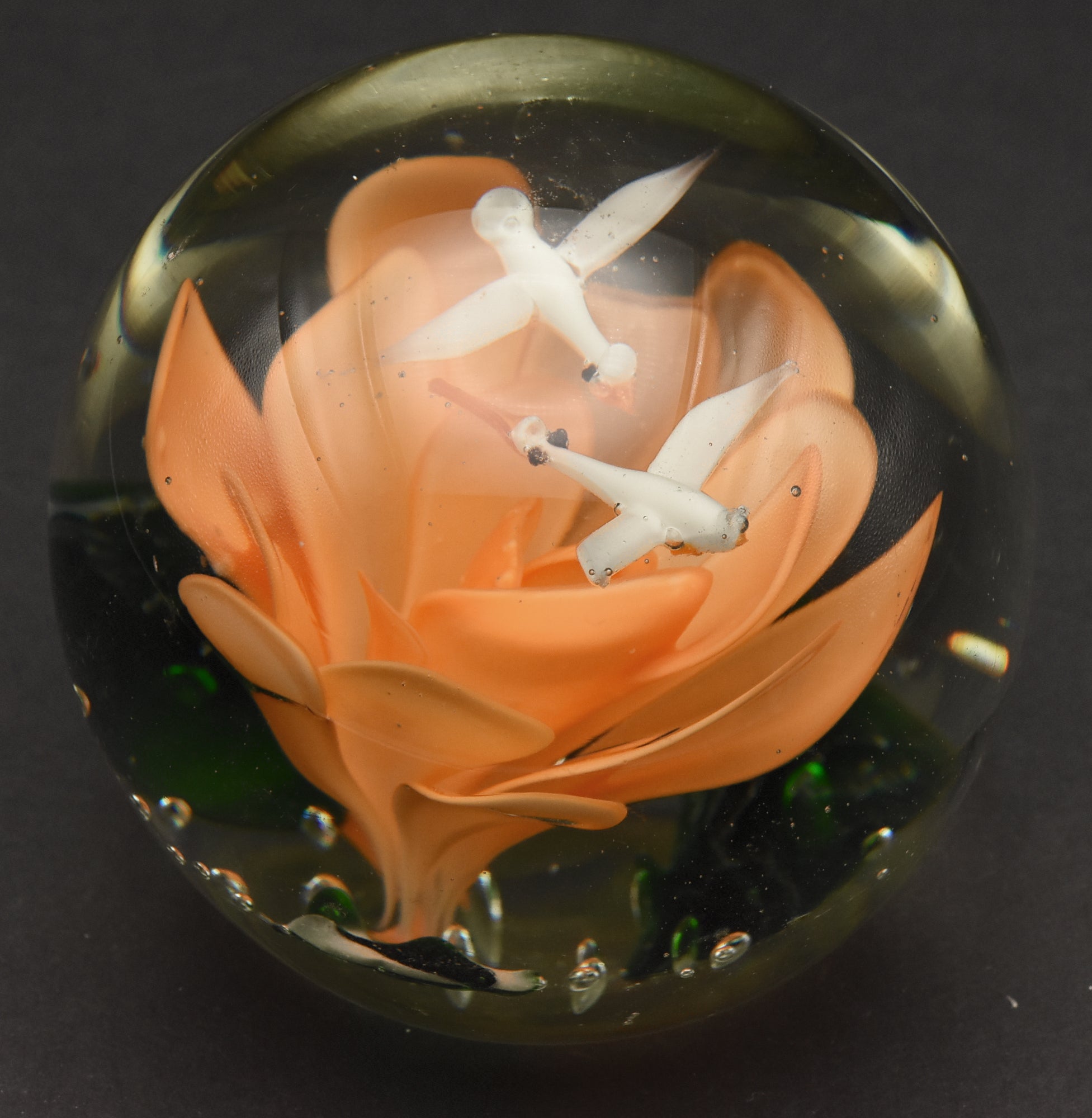 Vintage Orange Flower with Flying Birds Encased Glass Paperweight