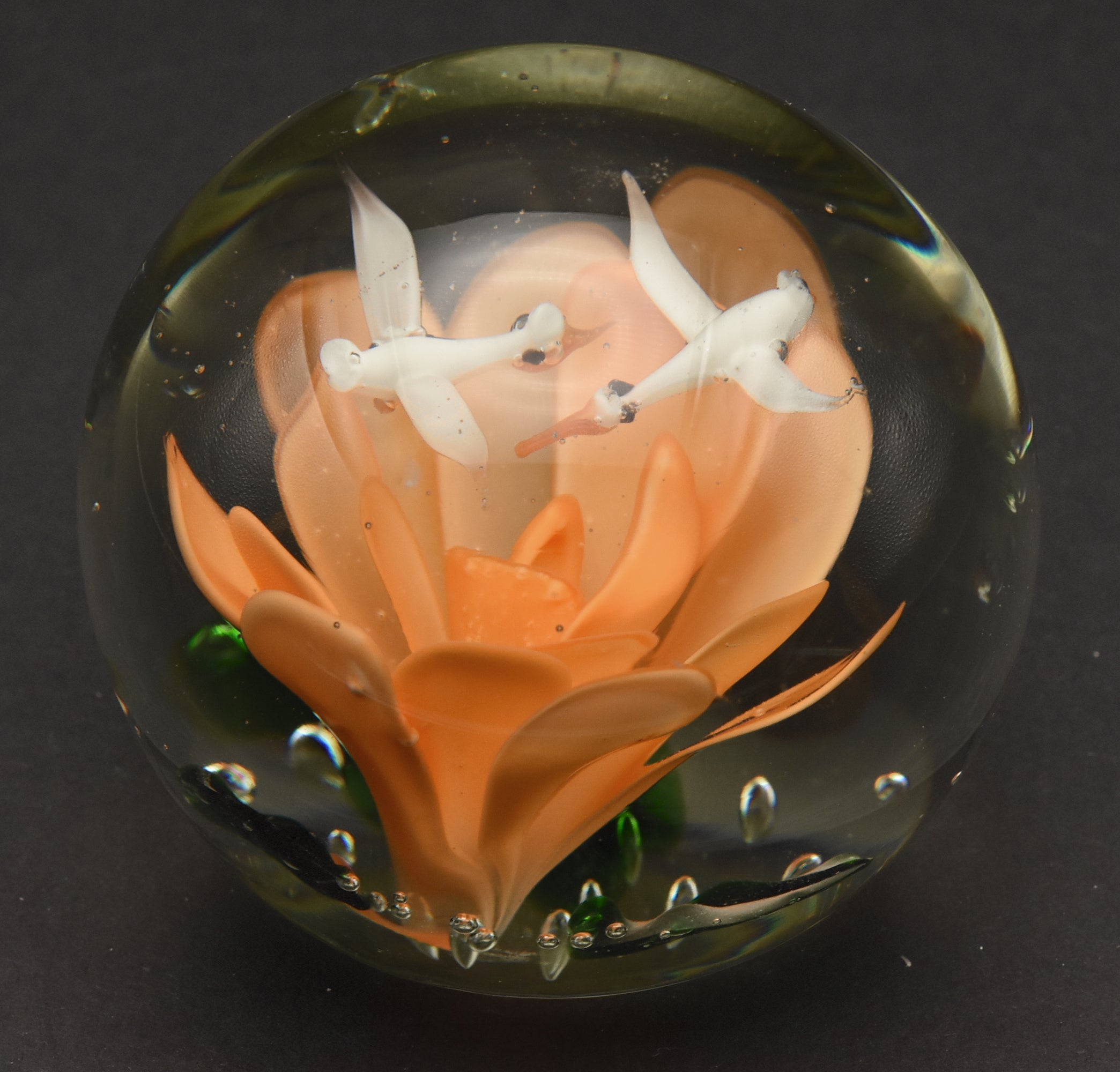 Vintage Orange Flower with Flying Birds Encased Glass Paperweight