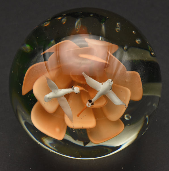 Vintage Orange Flower with Flying Birds Encased Glass Paperweight