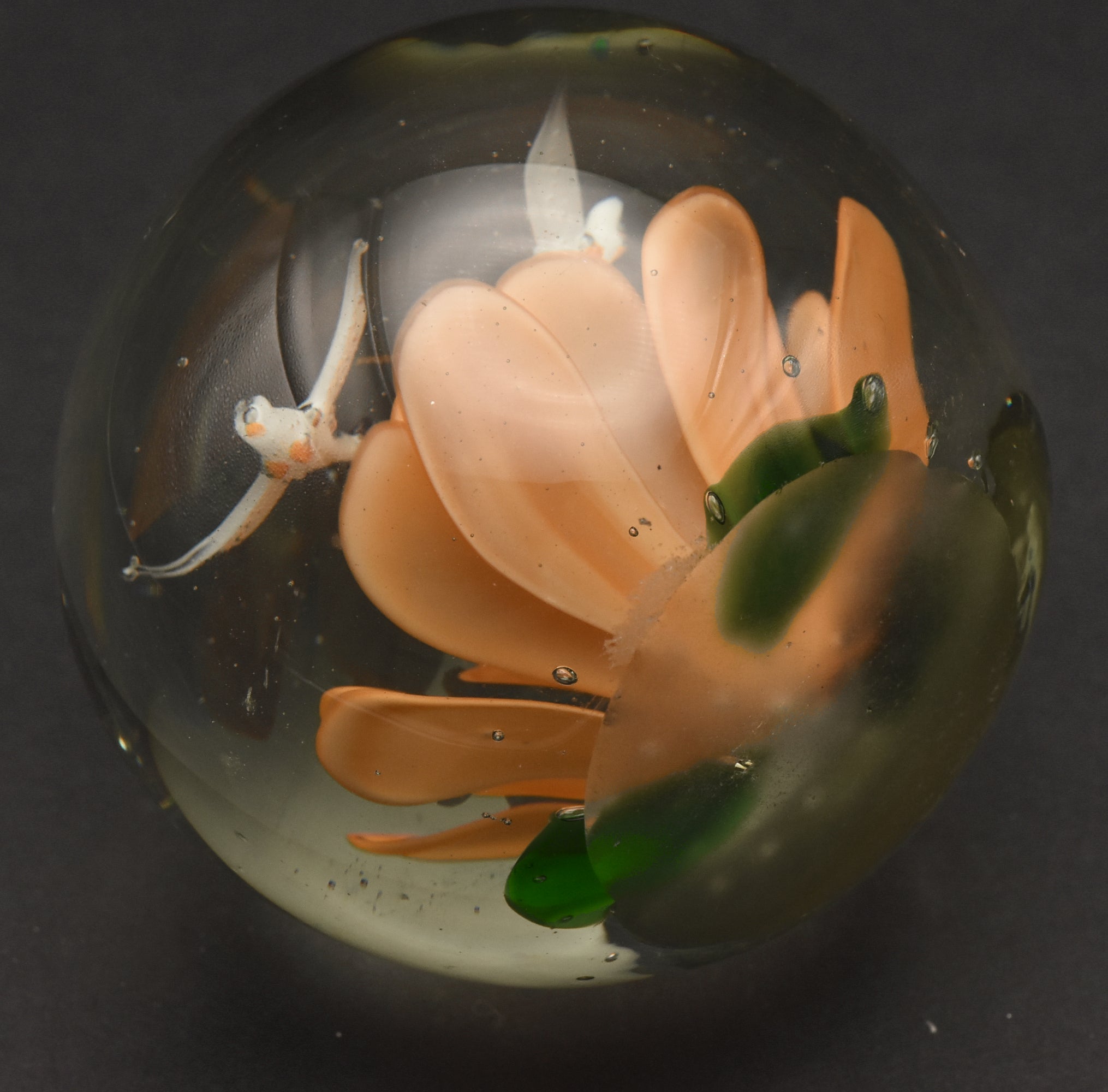 Vintage Orange Flower with Flying Birds Encased Glass Paperweight