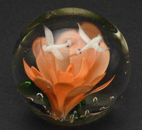 Vintage Orange Flower with Flying Birds Encased Glass Paperweight