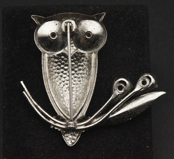 Vintage Silver Tone Metal Owl Brooch