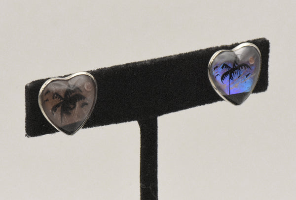 Vintage Sterling Silver Heart Shaped REAL Butterfly Wing Background Beach Silhouette Screw Back Earrings