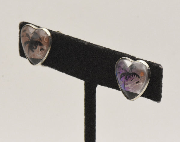 Vintage Sterling Silver Heart Shaped REAL Butterfly Wing Background Beach Silhouette Screw Back Earrings