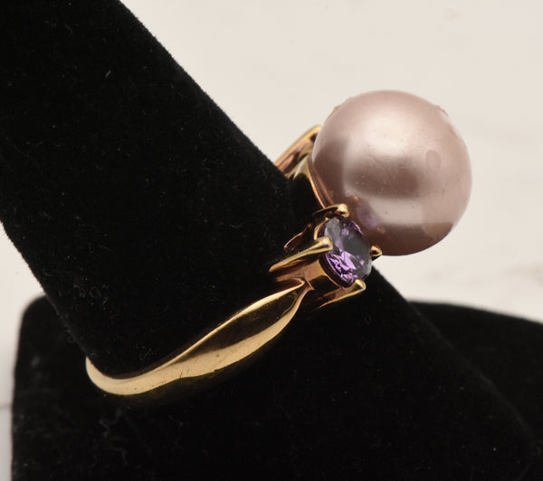 Vintage Vermeil Faux Pearl and Purple Rhinestone Ring - Size 9