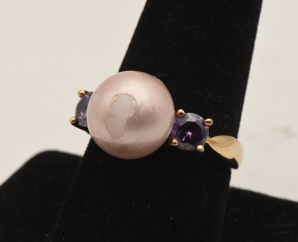 Vintage Vermeil Faux Pearl and Purple Rhinestone Ring - Size 9