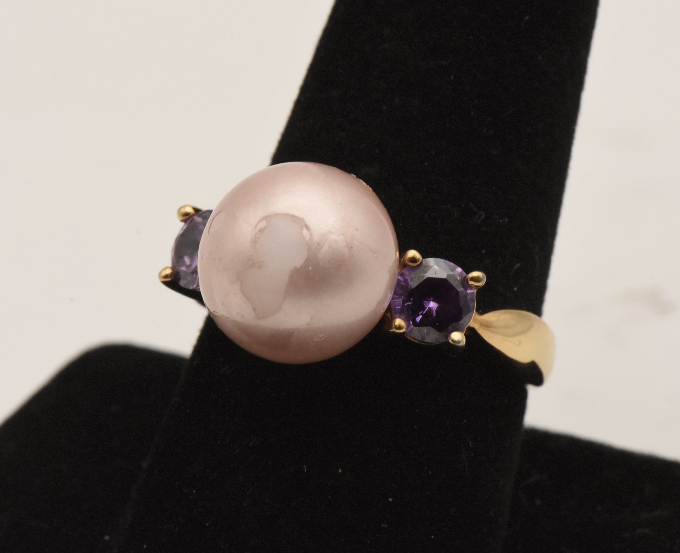 Vintage Vermeil Faux Pearl and Purple Rhinestone Ring - Size 9