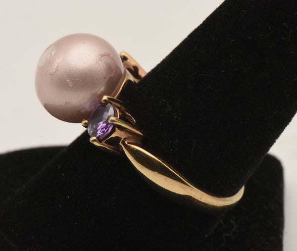 Vintage Vermeil Faux Pearl and Purple Rhinestone Ring - Size 9
