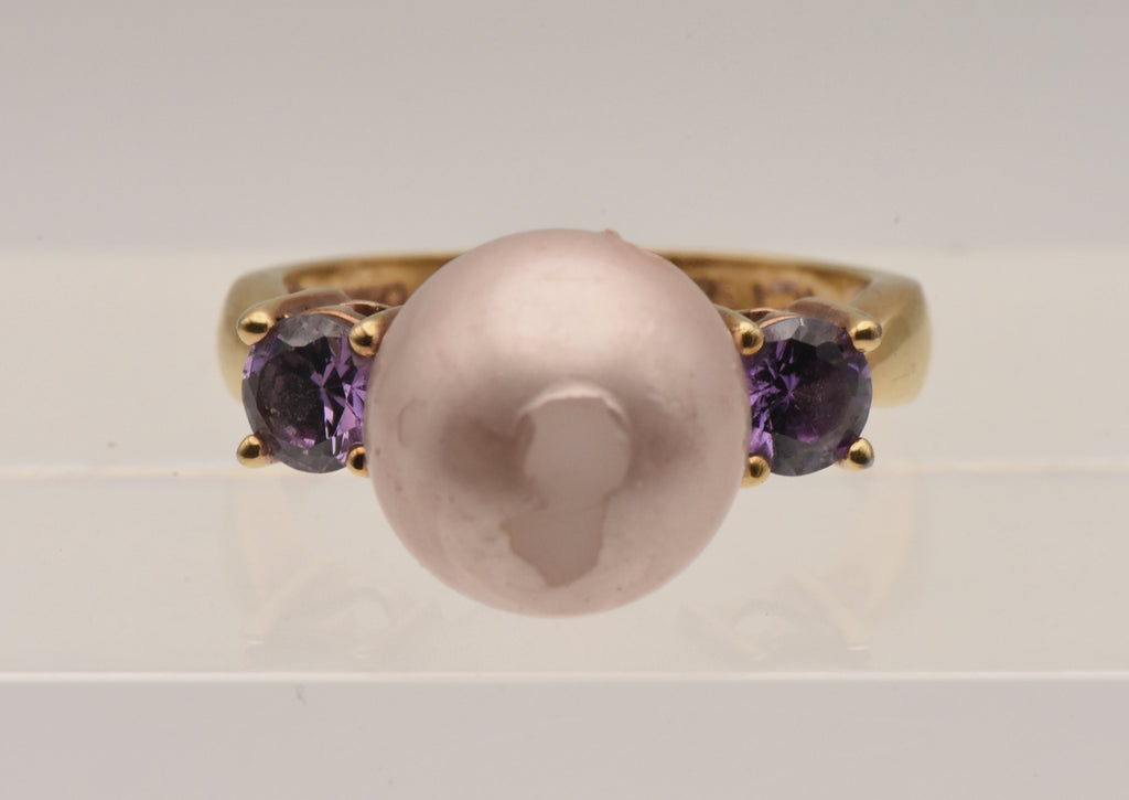 Vintage Vermeil Faux Pearl and Purple Rhinestone Ring - Size 9