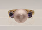 Vintage Vermeil Faux Pearl and Purple Rhinestone Ring - Size 9