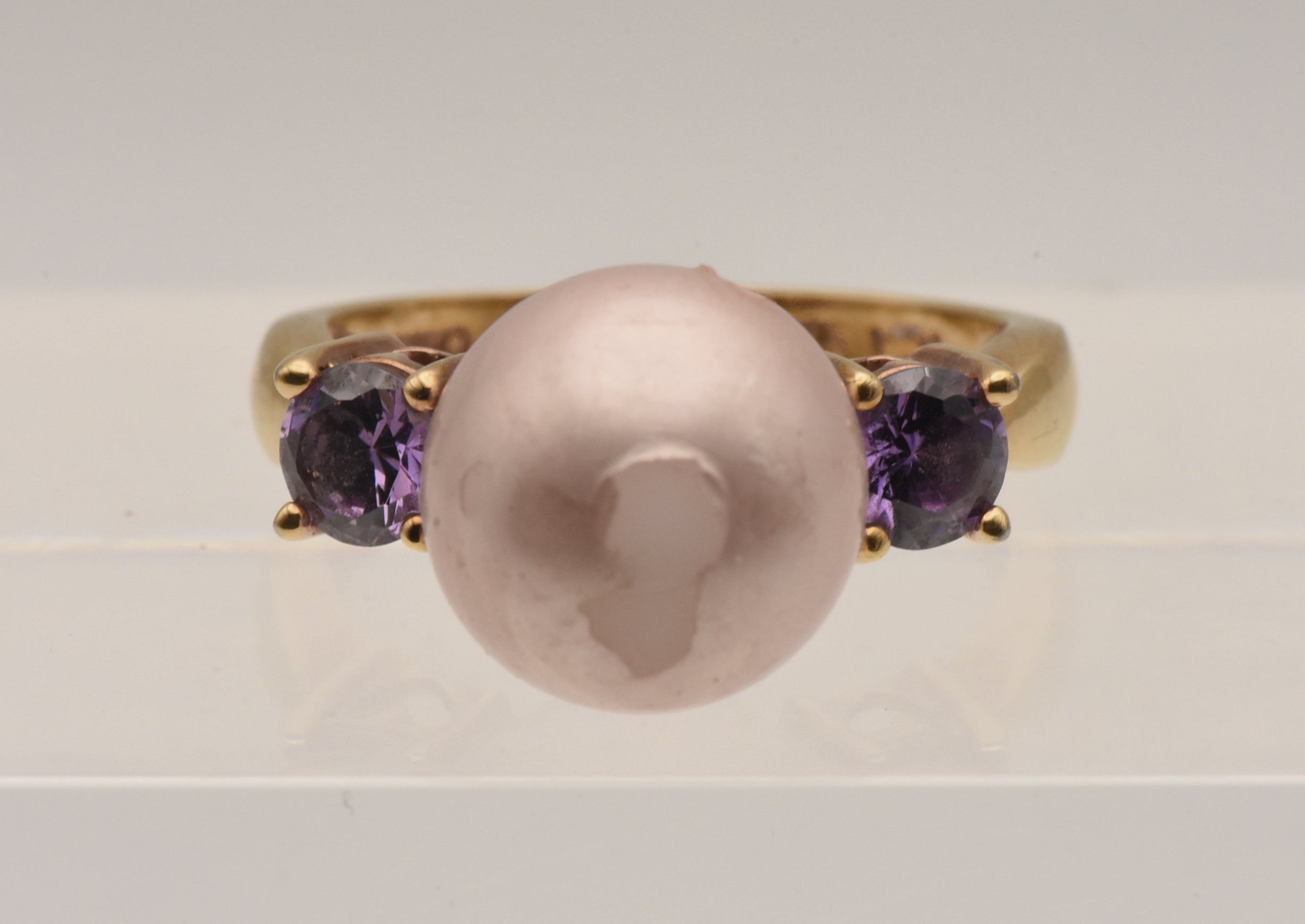 Vintage Vermeil Faux Pearl and Purple Rhinestone Ring - Size 9