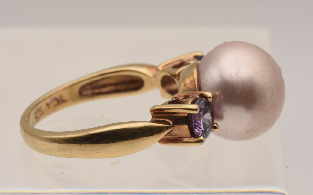 Vintage Vermeil Faux Pearl and Purple Rhinestone Ring - Size 9