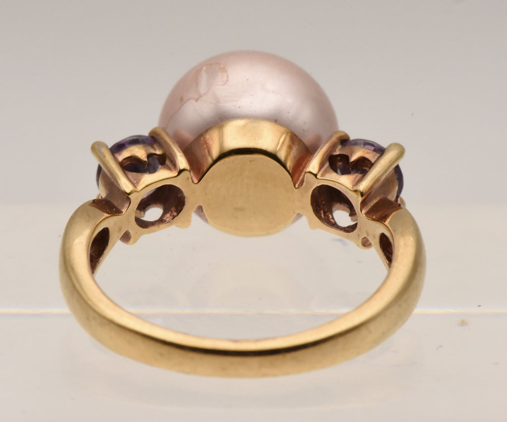 Vintage Vermeil Faux Pearl and Purple Rhinestone Ring - Size 9