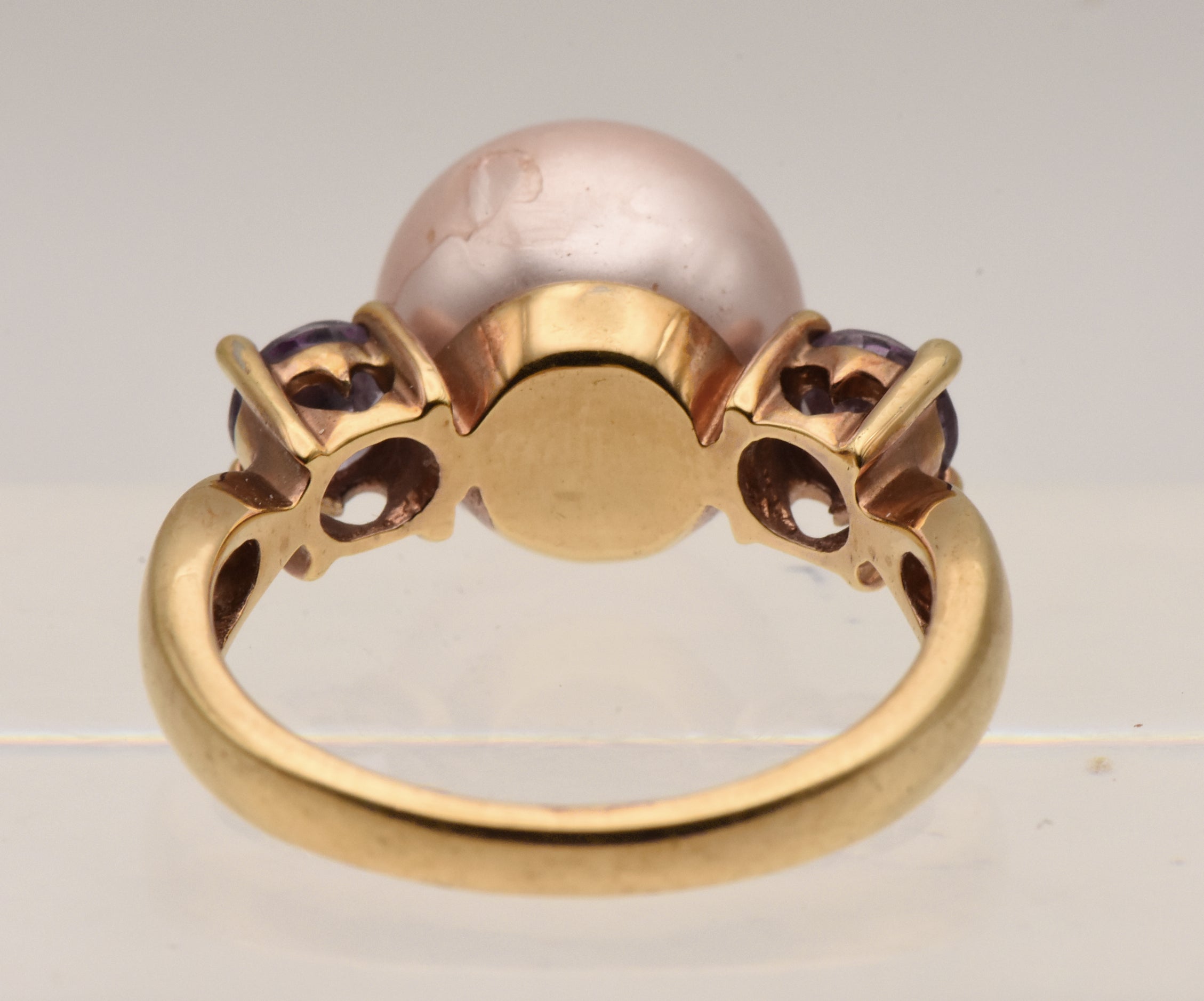 Vintage Vermeil Faux Pearl and Purple Rhinestone Ring - Size 9