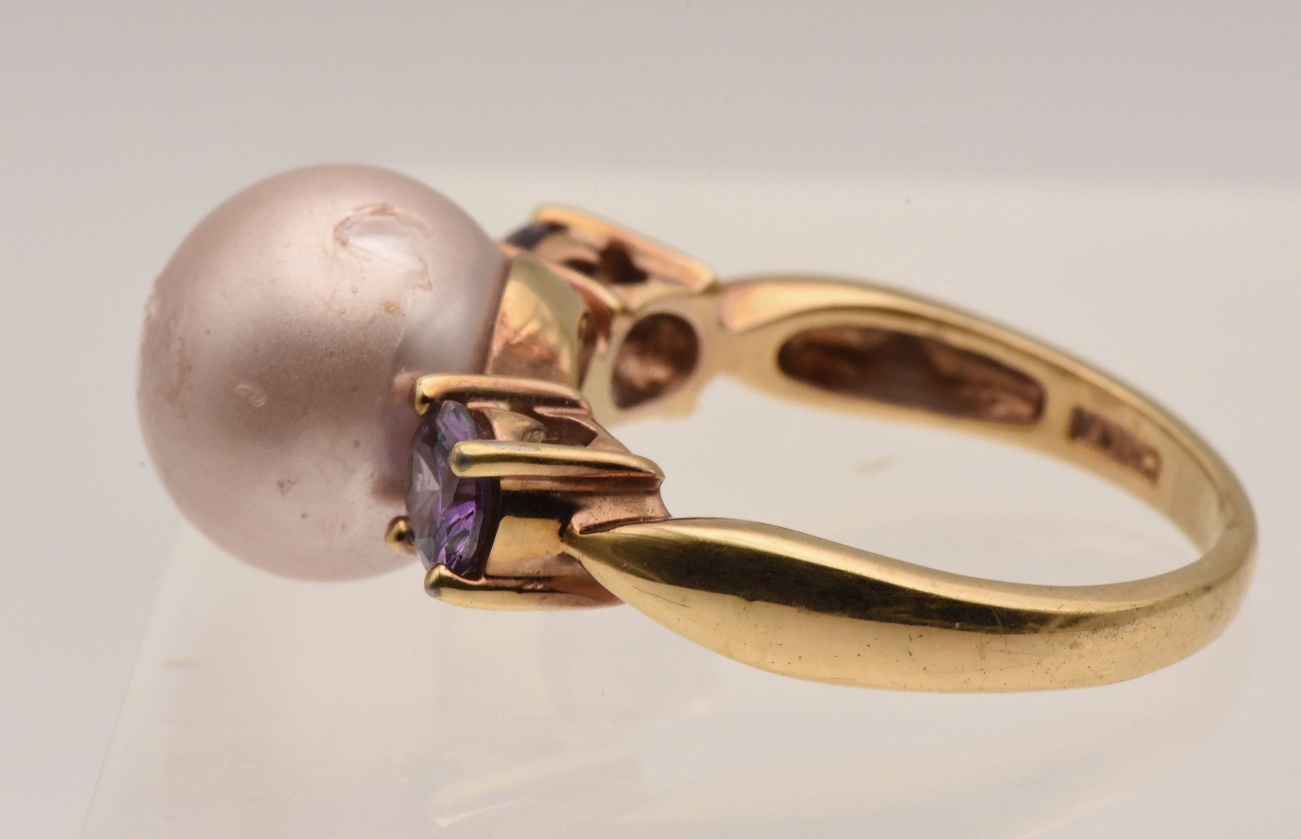Vintage Vermeil Faux Pearl and Purple Rhinestone Ring - Size 9