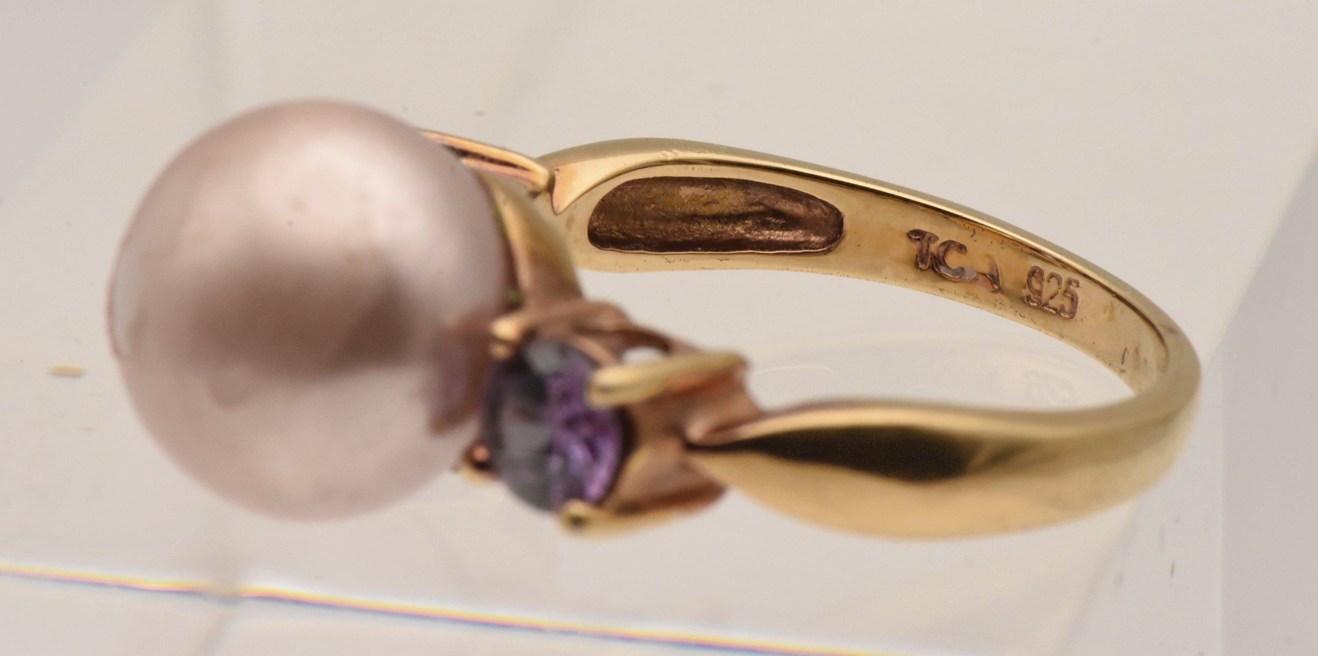 Vintage Vermeil Faux Pearl and Purple Rhinestone Ring - Size 9