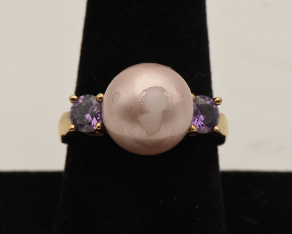 Vintage Vermeil Faux Pearl and Purple Rhinestone Ring - Size 9