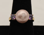 Vintage Vermeil Faux Pearl and Purple Rhinestone Ring - Size 9