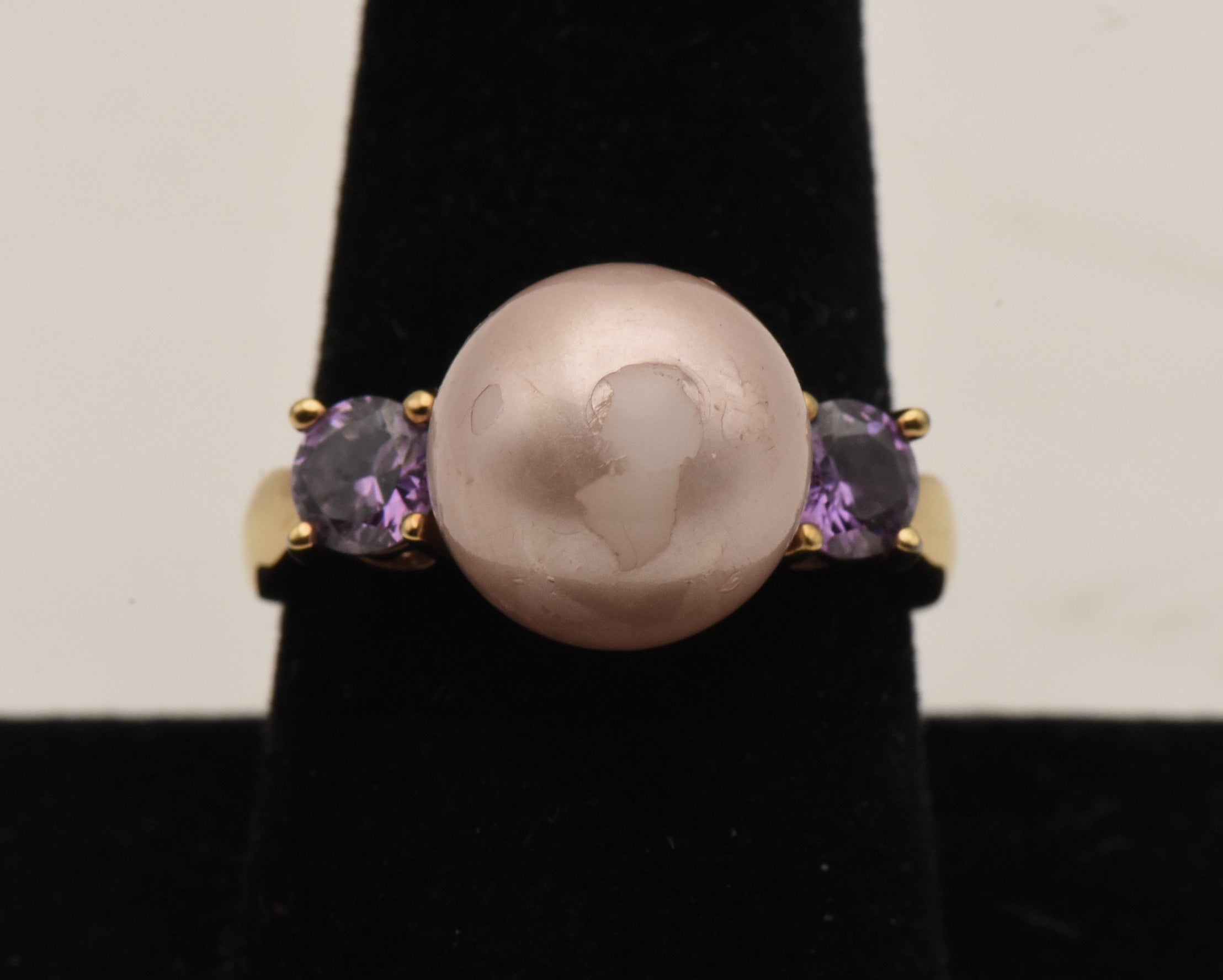 Vintage Vermeil Faux Pearl and Purple Rhinestone Ring - Size 9