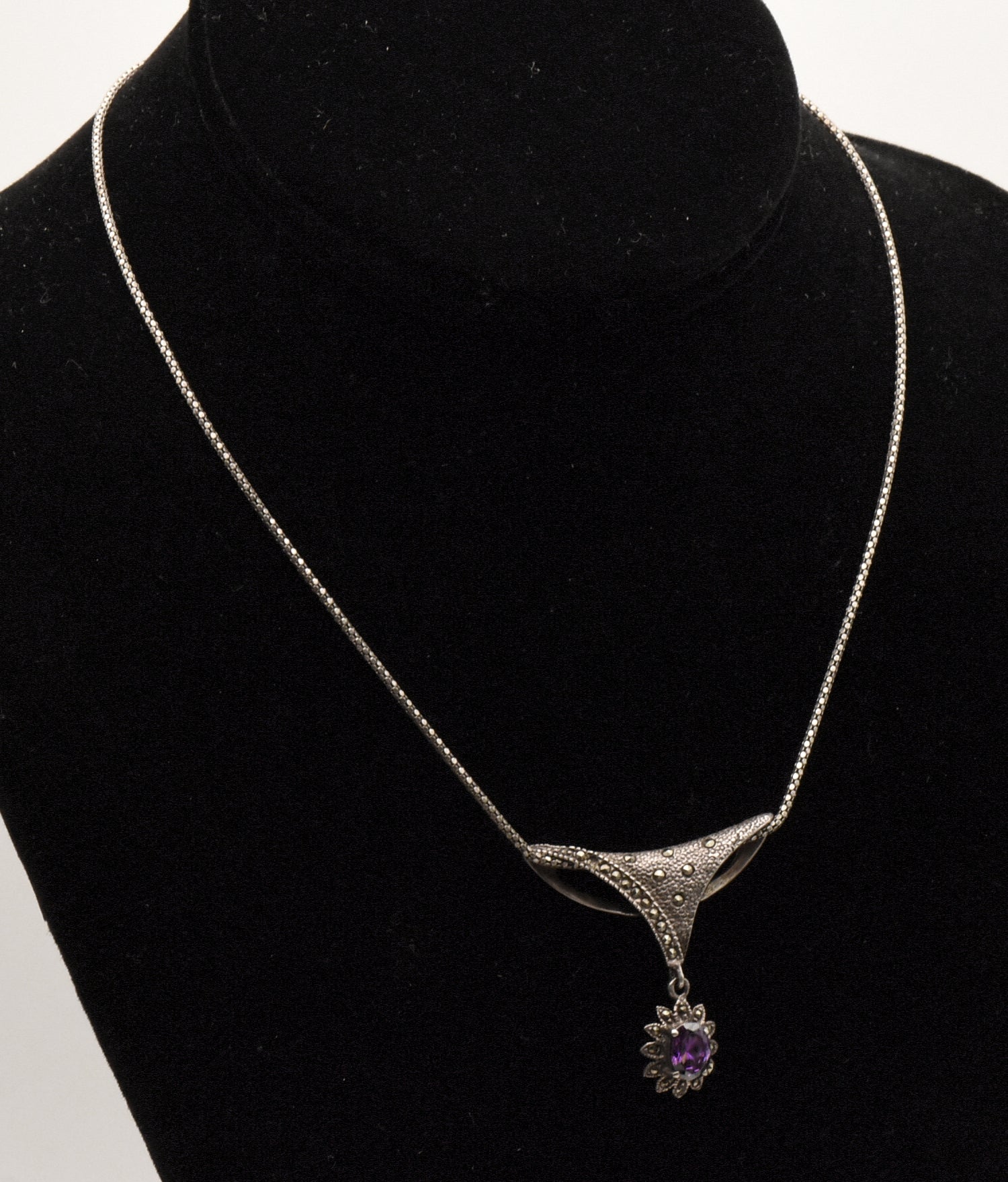 Vintage Sterling Silver Marcasite Pendant on Italian Sterling Necklace - 16"