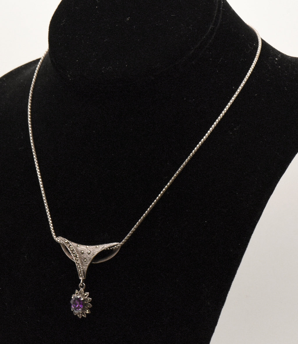 Vintage Sterling Silver Marcasite Pendant on Italian Sterling Necklace - 16"