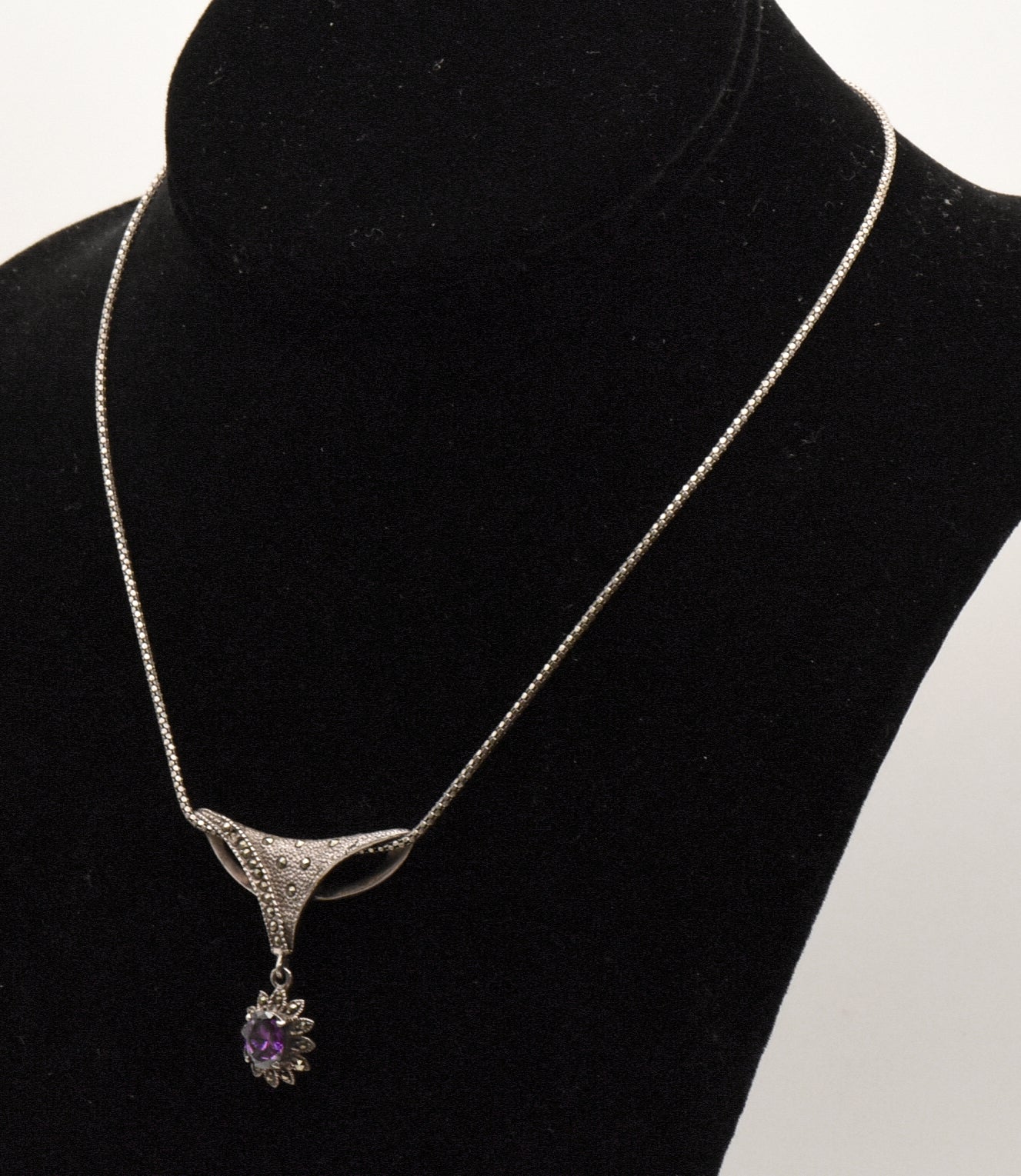 Vintage Sterling Silver Marcasite Pendant on Italian Sterling Necklace - 16"