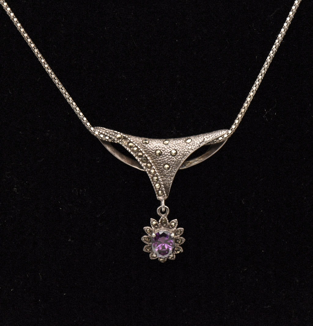 Vintage Sterling Silver Marcasite Pendant on Italian Sterling Necklace - 16"