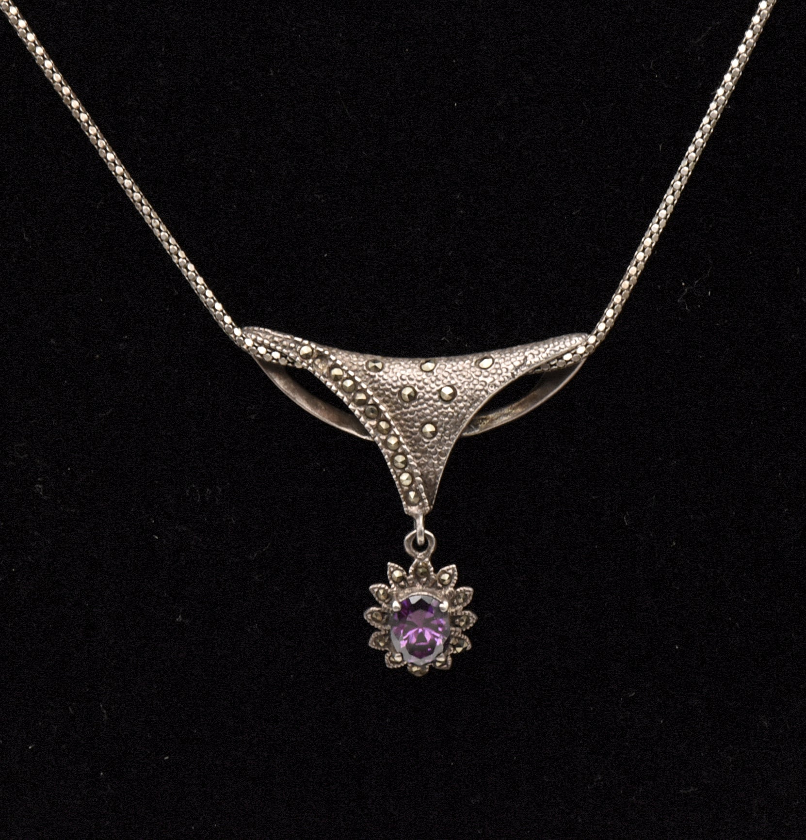 Vintage Sterling Silver Marcasite Pendant on Italian Sterling Necklace - 16"